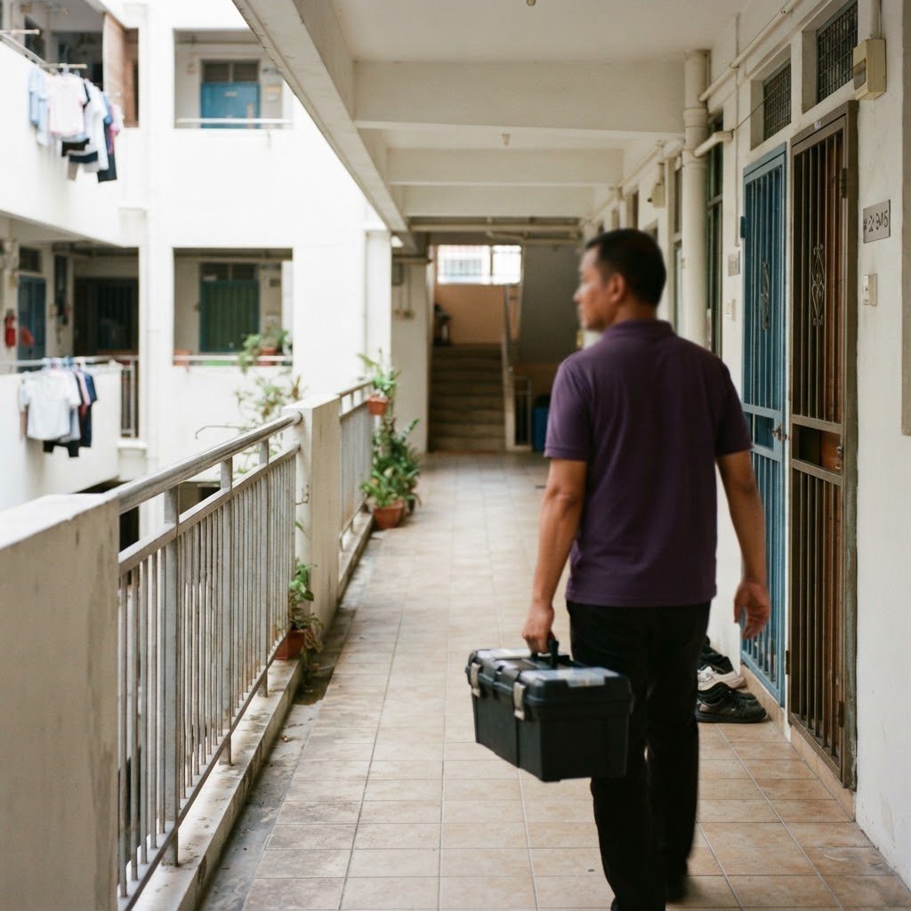 PRIMAX technician arriving at an HDB flat with a toolbox
